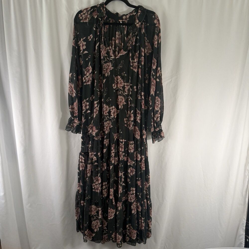 Free People Semi Sheer Dress Women's Medium Black Pink Floral Long Sleeve Midi